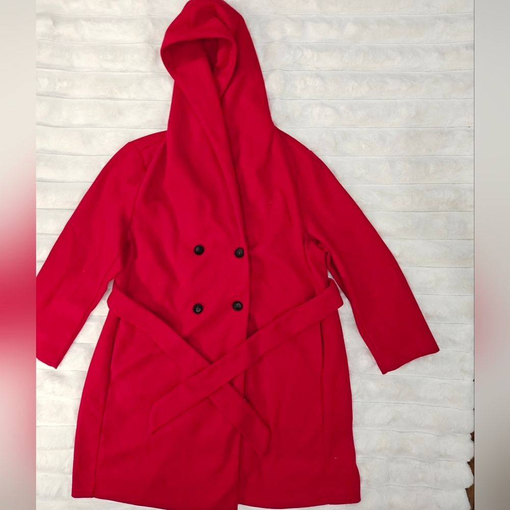 Red Hooded Coat with Belt